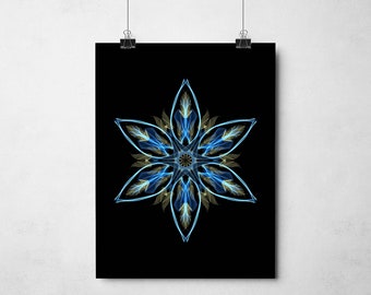 Winter Blue Abstract Flower Print, Mandala Wall Art, Flower of Life, Sacred Geometry Poster