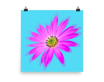 Funky Flower Poster Artwork - Bright Colourful Pink & Blue Floral Wall Art Print