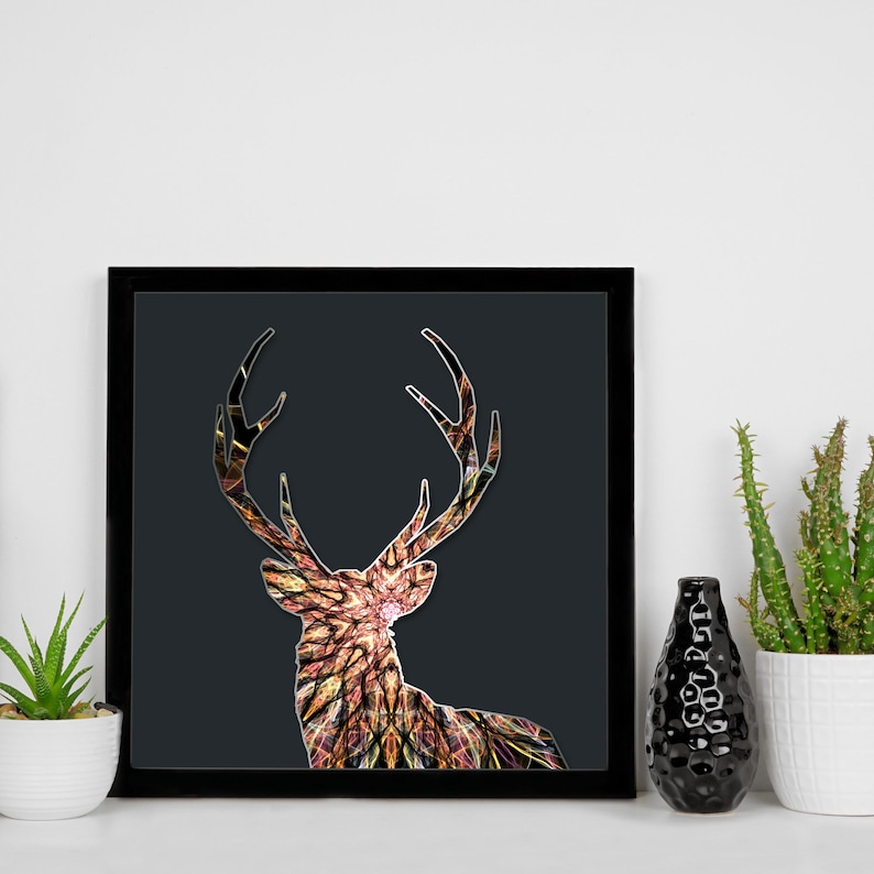 Mystic Stag Framed Print Deer Wall Hanging Kaleidoscope Design Elk Stag