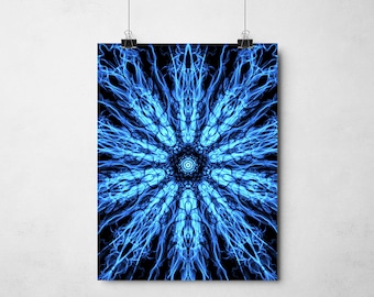 Blue Crystal Kaleidoscope Poster Print | Blue Mandala Zen Wall Decor Artwork | Meditation Gift | Spiritual Wall Hanging