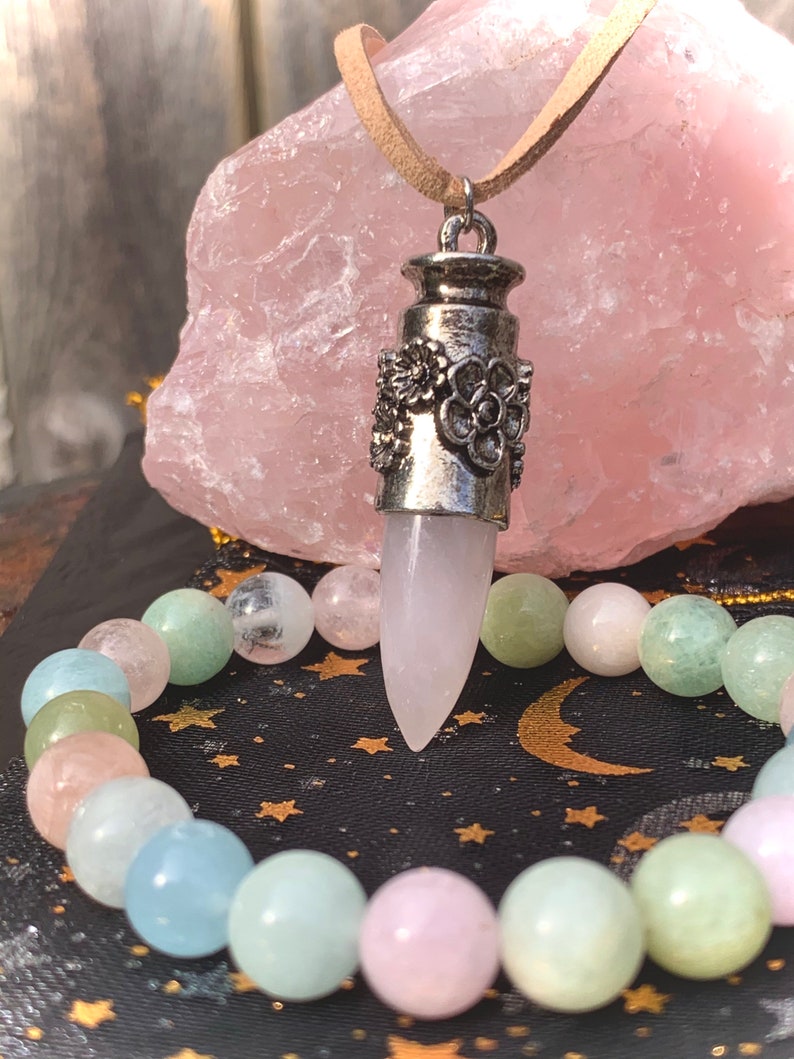 Morganite Beaded Bracelet Set Rose Quartz Pendant