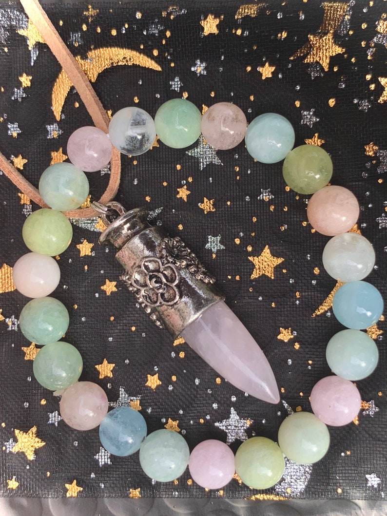 Morganite Beaded Bracelet Set Rose Quartz Pendant