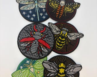 Broderade insektsmärken: Lunamal, Bi, Skalbagge, Geting, Nyckelpiga