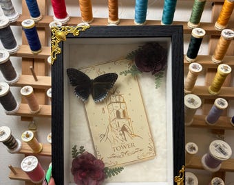 Poppin Jay-fjäril (Stibochiona nicea). Inramad insekt med tarotkort och blommor