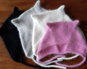 Knitted hat bonnet winter, Kitty bonnet women, Cat ear bonnet adult. Funny fuzzy angora hat for women