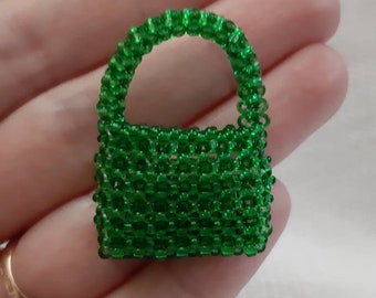 Miniature green beaded bag for doll. Tiny beaded handbag. Doll handbag. Doll beaded purse. Tiny Luxury Doll Accessories