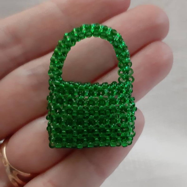 Miniature green beaded bag for doll. Tiny beaded handbag. Doll handbag. Doll beaded purse. Tiny Luxury Doll Accessories