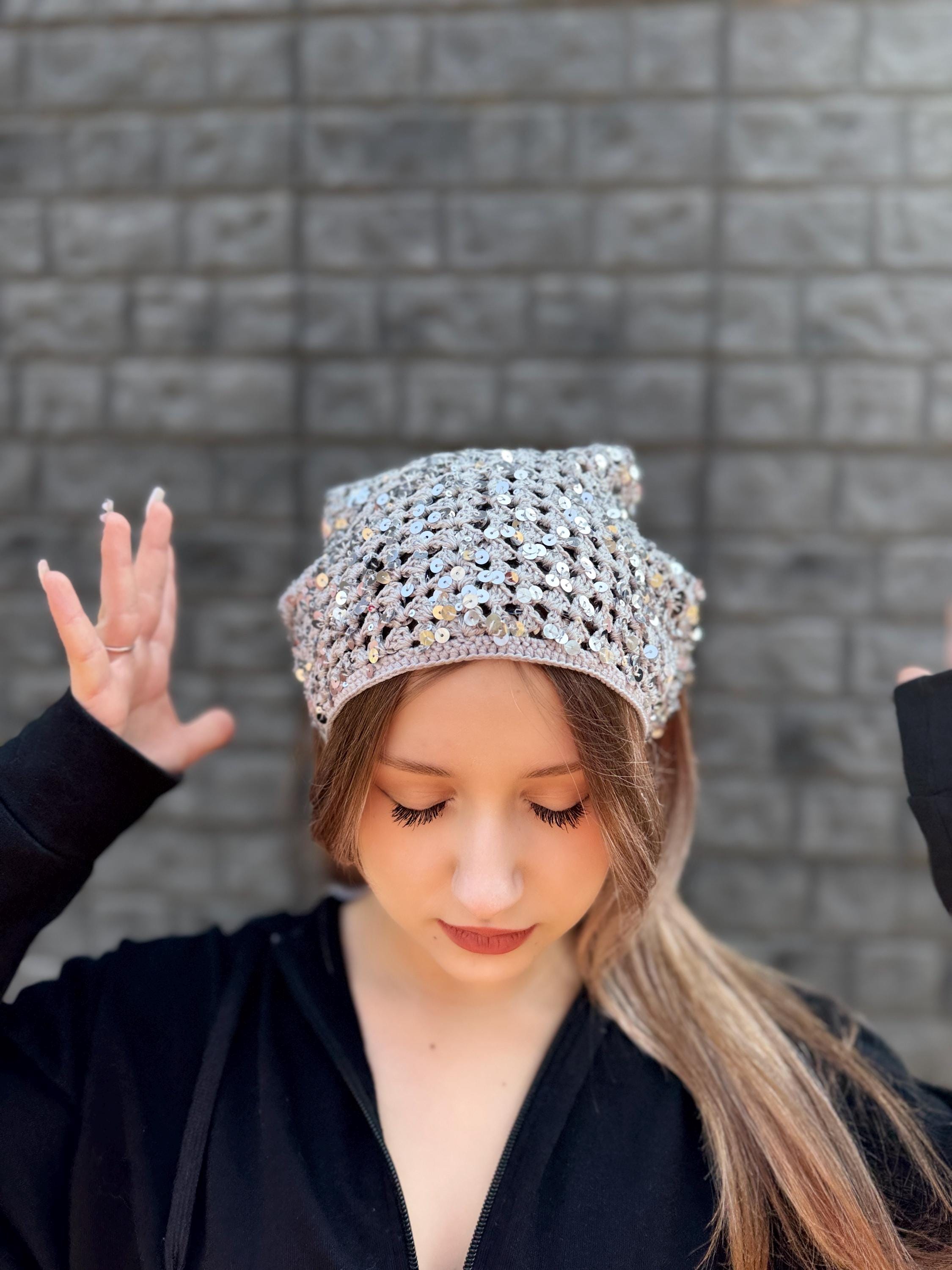 Head Bandana. Silver Sequins & Gray Beads. Hook & Eye Closer. New With Tag. Silver Sequin Knot Headband | Hair Accessories by Nine Designs main image 4