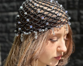 Bonnet noir en maille brillante avec perles, bonnet scintillant en filet, bonnet au crochet, bonnet en maille, pompon en cristal, bonnet en perles, chapeau de style rétro