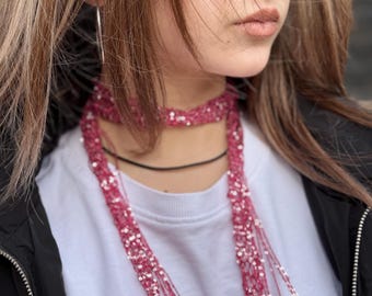 Hot Pink Shiny Skinny Sequin Scarf, Narrow Glitter Scarf Tie, Handmade Luxury Scarf, Sparkly Y2K Skinny Scarf, Sequin Neck Scarf for Women