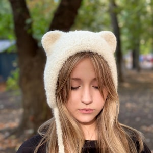Teddy bonnet alpaca boucle, Knitted adult bonnet winter, Bear hat bonnet women, Bear ear bonnet adult. Cozy hat for women,Funny gift for her