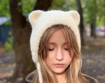 Teddy bonnet alpaca boucle, Knitted adult bonnet winter, Bear hat bonnet women, Bear ear bonnet adult. Cozy hat for women,Funny gift for her