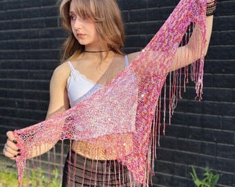 Pink Sparkly Shawl, Sequin Fringe Wrap, Luxury Italian Sequin Scarf, Handmade Triangle Shawl, Festival Veil, Bridal Cover Up