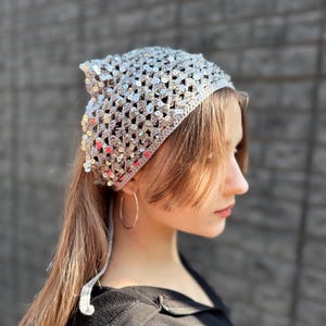 Sequin bandana gray silver Shiny lace head scarf. Festival bandana cotton kerchief. Bachelorette bandana. Summer hair accesory