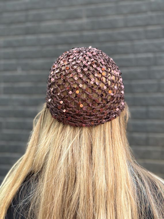 Beige Mesh Beanie Hat With Sequins, Sparkly Beanie Net Hat 