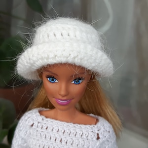 Winter bucket hat for doll 11.5 inch, Tiny fuzzy panama, White hat for doll, Male doll hat, Cloche hat doll clothes for 1:6 scale doll