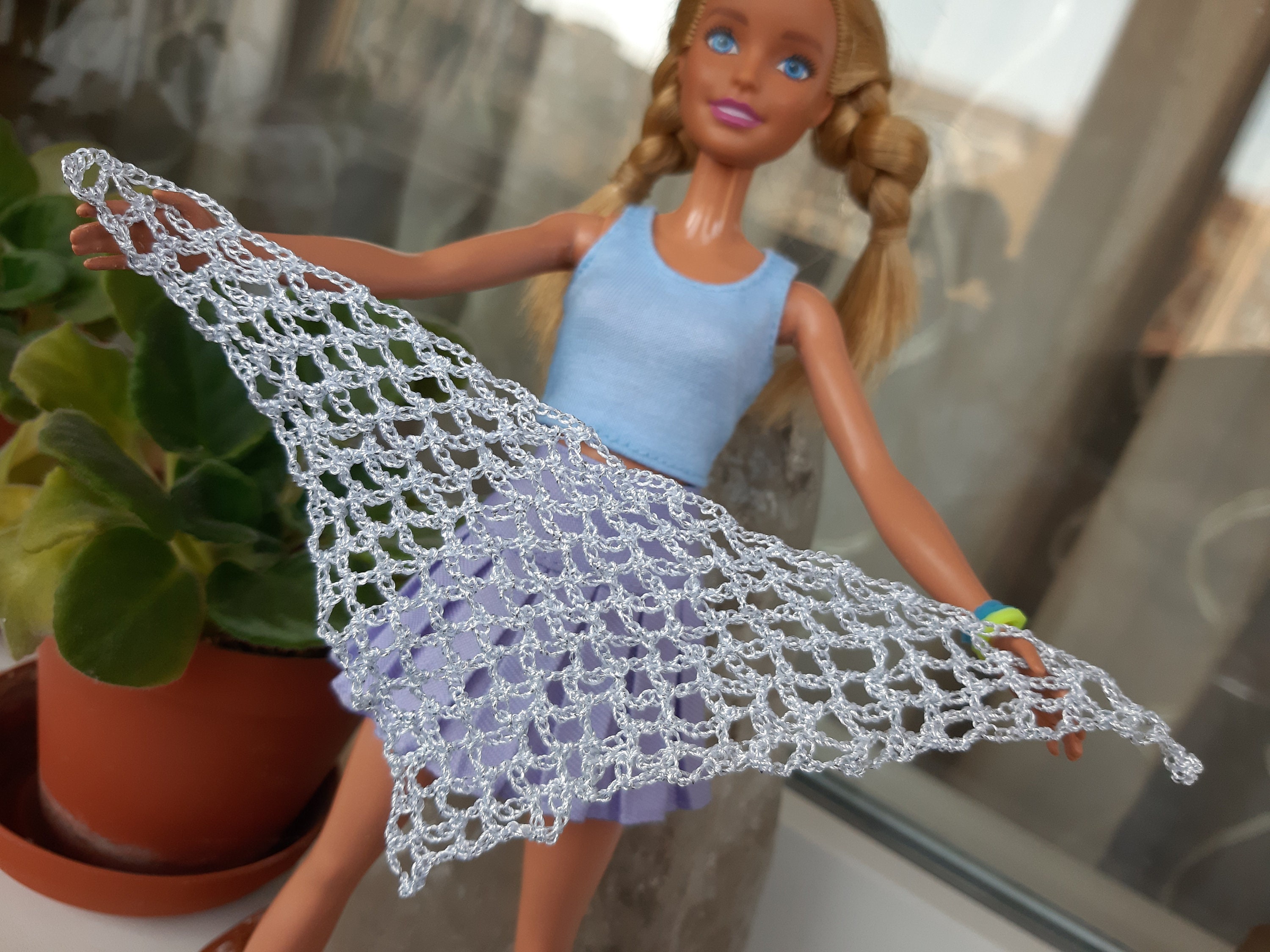 Doll shawl. Silver triangle scarf for 11.5-12 inch doll. Doll lace scarf shawl, Miniature doll scarf. Festive Doll outfit 1/6 scale