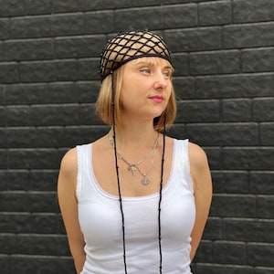 Handmade Crochet Mesh Hat with Beads – Black Cotton Net Cap – 20s Inspired Hair Accessory – Boho Festival Headpiece