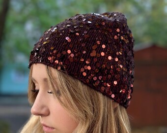 Yellow Gold Sequin Hat Gold Sequin Beanie Gold Sequin  display picture 1