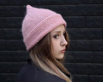 Bonnet angora tricoté à la main avec paillettes • Bonnet d'hiver très flou • Bonnet fait main chaud et douillet • Accessoire tendance pour femme de style Pinterest
