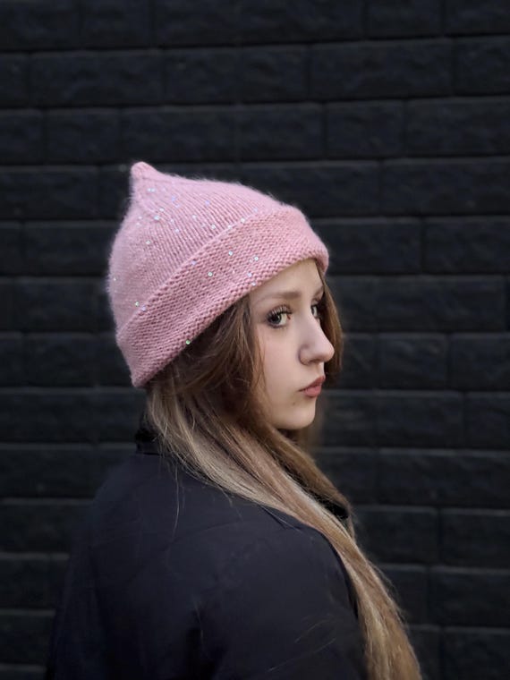 Hand Knitted Angora Hat With Sequins • Starkly Fuzzy Winter  display picture 3