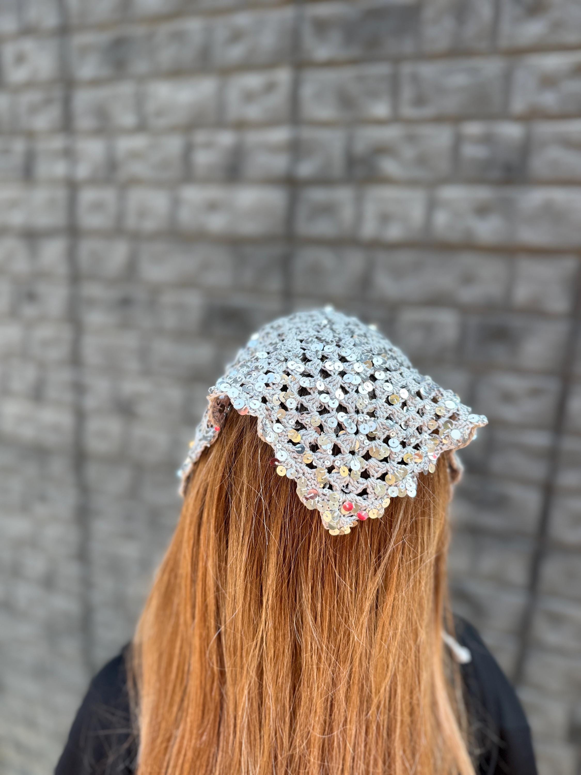 Elegant Sparkle Crochet Headscarf - Black, Taupe, Brown, Gray Crochet Sparkly Head Scarf - Etsy main image 2