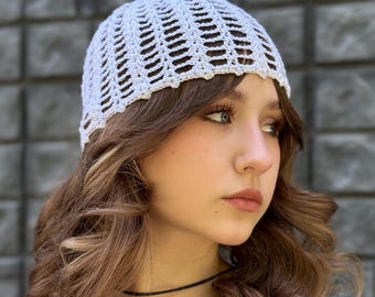 Luxury Crochet Sparkly Mesh Beanie with Micro Sequins, Designer Cotton Hat, Lace Skull Cap, Lightweight Summer Beanie Handmade