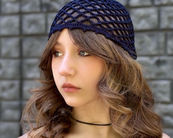 Navy Blue Mesh Crochet Hat, Boho Net Beanie, Handmade Summer Skull Cap, Cotton Lace Hat, Minimalist Luxury Accessory