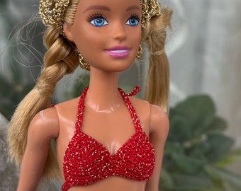 Doll clothes - 1/6 scale Doll bra top. Red crochet bra for 11.5-12 inch dolls. Bra top for doll, Shiny festive doll outfit