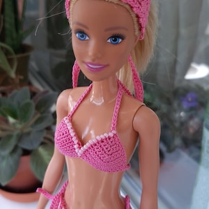 Doll bikini, Pink beaded bathing suit for doll, Fashion swimwear for 11.5 inch doll, doll bandana, Beach clothes for 1:6 scale doll