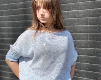 Handmade Alpaca Cotton Sweater Light Blue Knit Top Women Lightweight Summer Sweater Soft Luxury Pullover XS S Sequin Knit