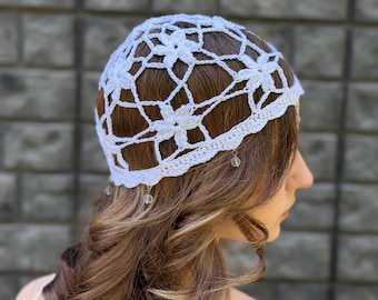 White Lace Cap Crochet Flower Beaded Hat Handmade Floral Headpiece Boho Lace Hat Lightweight Summer Bridal Hair Accessory