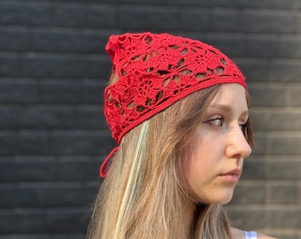 Red Flower Head Scarf | Floral Cotton Bandana | Handmade Hair Scarf | Boho Summer Kerchief | Lightweight Breathable Headwrap