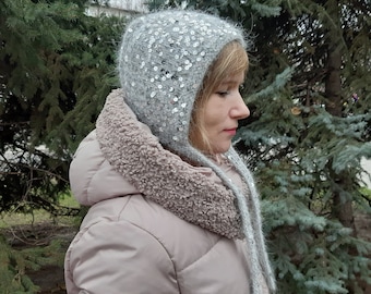 Sparkle bonnet hat, Sequin bonnet adult. Silver gray hat for women. Shiny bonnet hat. Winter knitted angora hat, trendy bonnet