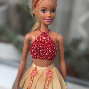 Doll clothes - Doll crop top. Shiny red crochet top for 11.5 inch dolls, top for doll, doll outfit. Handmade clothes for 1:6 scale doll