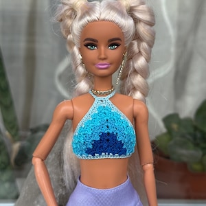 Doll clothes - Doll crop top blue. Striped crochet top for 11.5 inch dolls. Halter top for doll. Realistic doll clothes for 1:6 scale doll