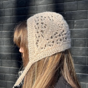 Peach Lace Knit Bonnet Hat, Hand Knitted Mohair Bonnet, Openwork Head Scarf, Handmade Hair Accessory, Soft Romantic Headwear