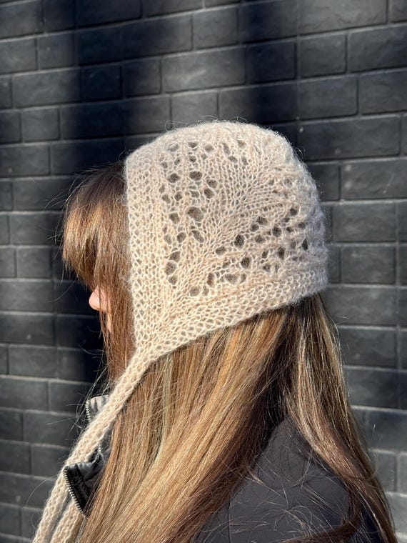 Peach Lace Knit Bonnet Hat, Hand Knitted Mohair Bonnet, Openwork Head Scarf, Handmade Hair Accessory, Soft Romantic Headwear