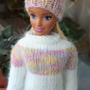 Doll sweater - White pink SWEATER for doll 11.5-12 inch. Winter doll sweater long sleeve. Fashion doll clothes handmade 1/6 doll clothes