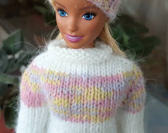 Doll clothes - White pink SWEATER for doll 11.5-12 inch. Winter doll sweater long sleeve. Fashion doll sweater, Doll outfit 1/6 doll clothes