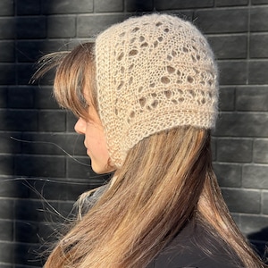 Peach Lace Knit Bonnet Hat, Hand Knitted Mohair Bonnet, Openwork Head Scarf, Handmade Hair Accessory, Soft Romantic Headwear image 5