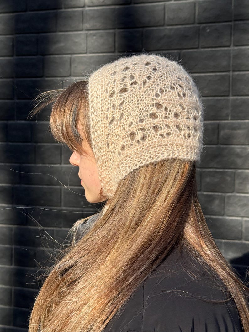 Peach Lace Knit Bonnet Hat, Hand Knitted Mohair Bonnet, Openwork Head Scarf, Handmade Hair Accessory, Soft Romantic Headwear image 5