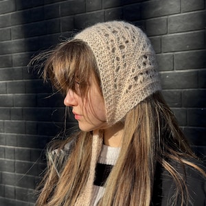 Peach Lace Knit Bonnet Hat, Hand Knitted Mohair Bonnet, Openwork Head Scarf, Handmade Hair Accessory, Soft Romantic Headwear image 4