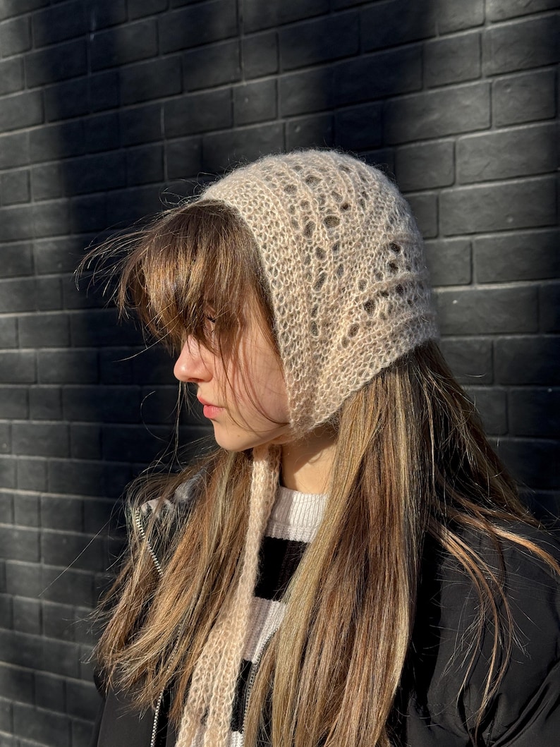 Peach Lace Knit Bonnet Hat, Hand Knitted Mohair Bonnet, Openwork Head Scarf, Handmade Hair Accessory, Soft Romantic Headwear image 4