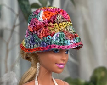 Colorful Raffia Doll Bucket Hat, Handmade Mini Straw Hat, Beach Hat for 11.5-12 Inch Doll, Summer Doll Accessory, 1:6 Scale