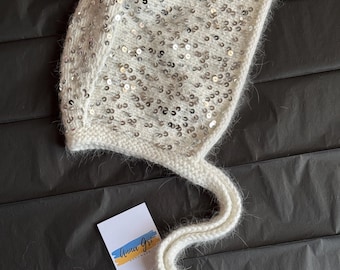 Bonnet angora scintillant avec paillettes | Bonnet en tricot blanc argenté pour femme | Bonnet d'hiver tendance fait main