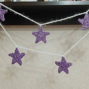 Purple stars Christmas garland. Faux Christmas mantel garland of 7 stars. Glitter stars primitive garland handmade. Purple Xmas decoration