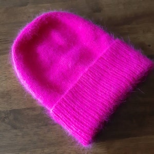 Neon pink beanie hat, Warm fluffy angora hat, Hand knit winter hat for women, Soft Angora hat for girls