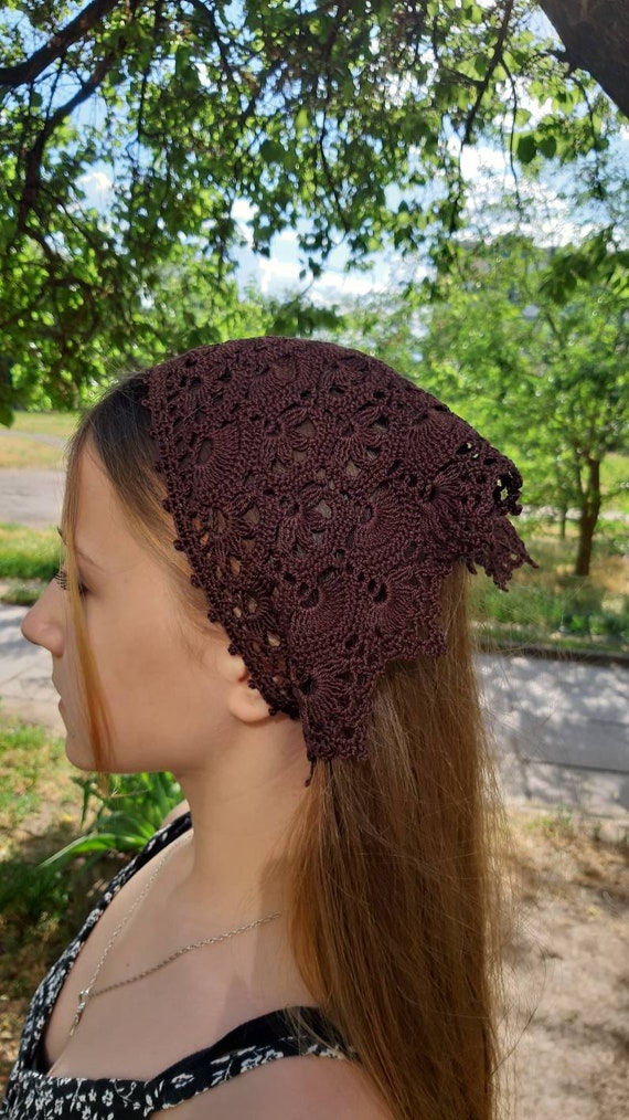 Brown Lace Bandana Headband. Beach Crochet Kerchief. Lace 