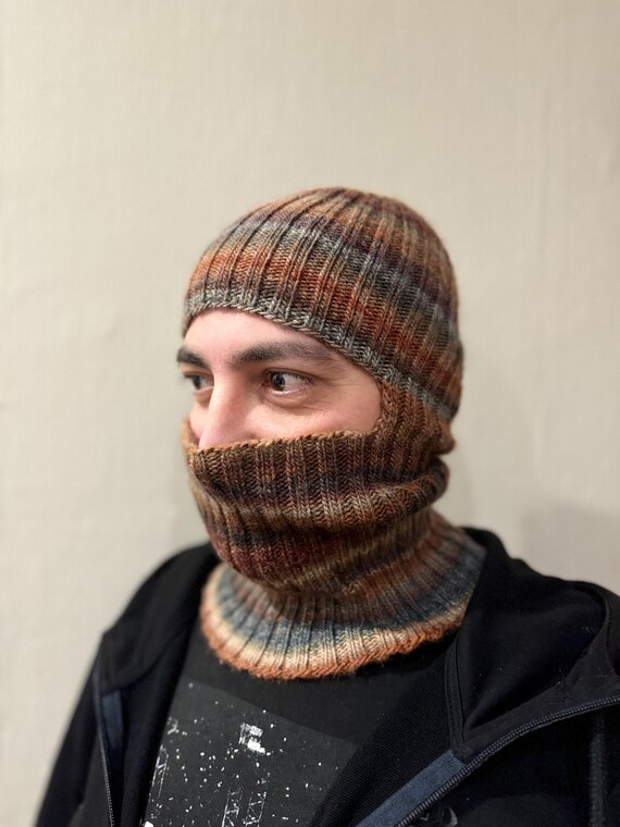 Men Balaclava Knitted, Brown Gray Balaclava Striped Gradient  display picture 1